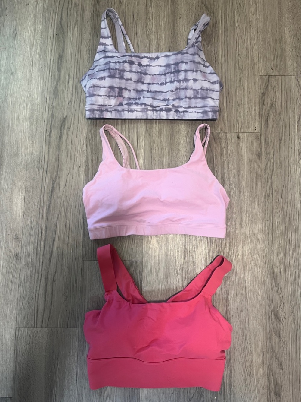 3 Athleta Sports Bras - Tie-Dye Purple, Light Pink, Bright Pink